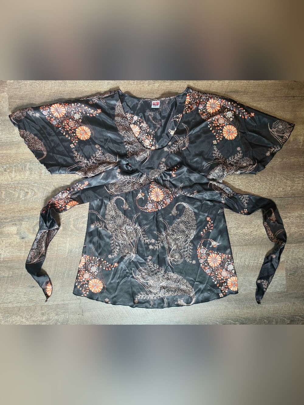 Y2K Vintage GLAM South Beach Satin Kimono Tunic Womens XL Black Dark Boho Floral - Picture 6 of 12